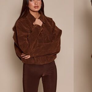 Chocolate Faux Suede Covered
Placket Bomber Jacket in Chocolate NWT